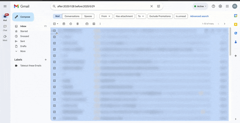 Animated GIF showing selecting multiple emails in Gmail and dragging them to a newly created label.