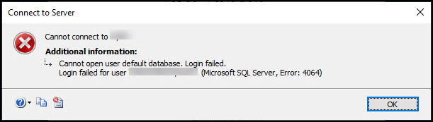 Cannot Open User Default Database.Login failed 4064 Error