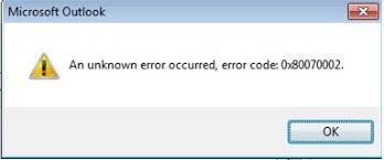 outlook error code 0x80070002