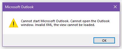 не удается запустить приложение Microsoft Outlook недействительный XML-формат