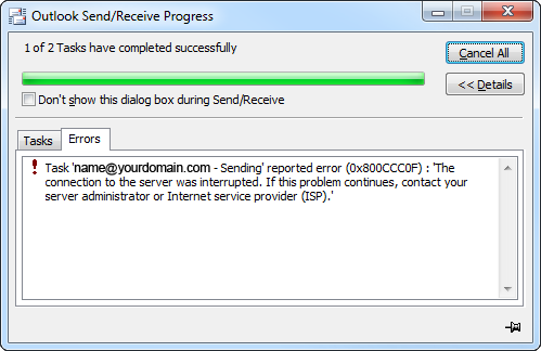Outlook Error 0x800ccc0f Connection to Server Interrupted