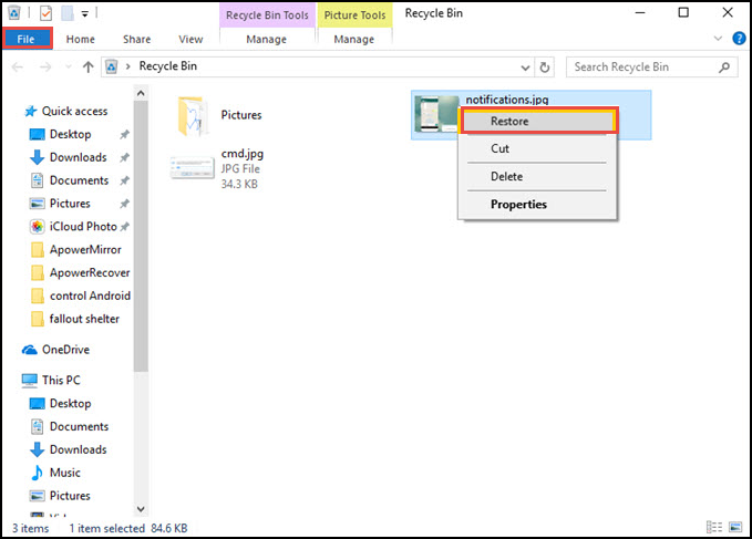 restore deleted files from Recycle Bin