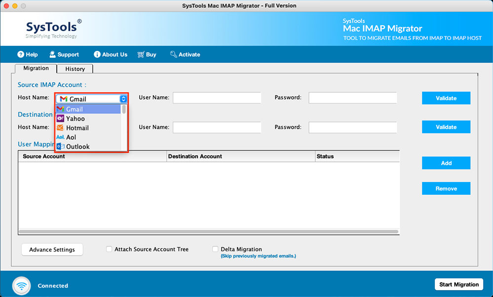 enter Lycos account details in source imap account section