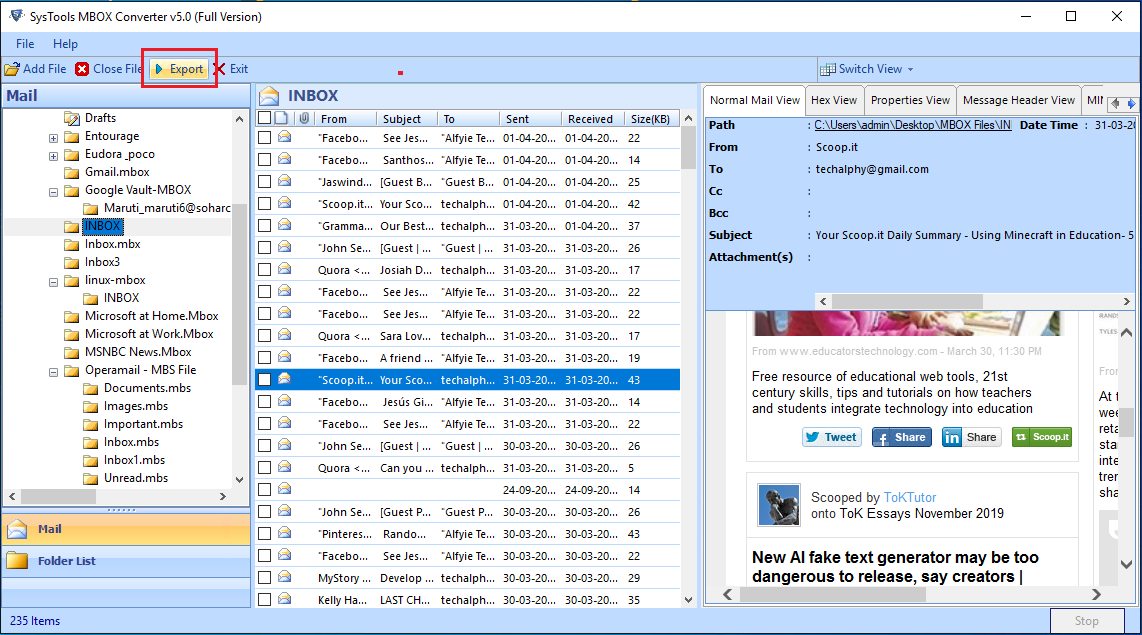 view mbox emails and attachments