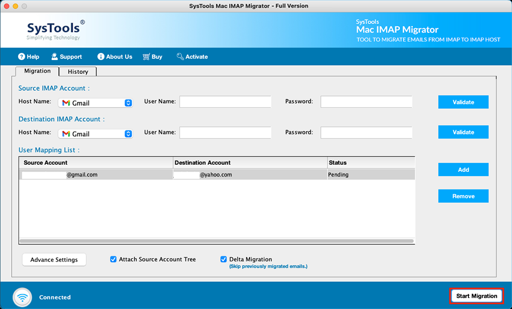 click start migration to transfer lycos to gmail