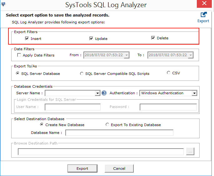 enter filters for export