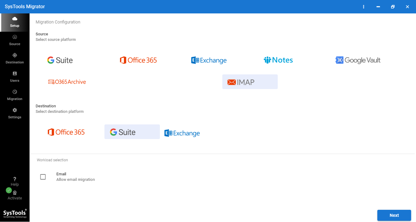 set imap as source and g suite as destination