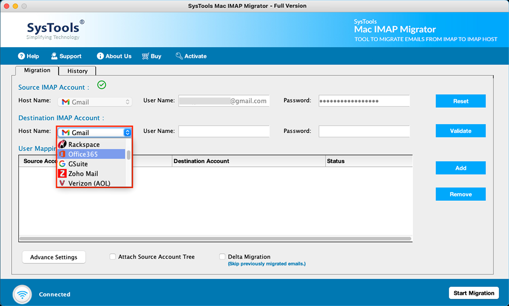 select gmail or g suite under destination imap account section