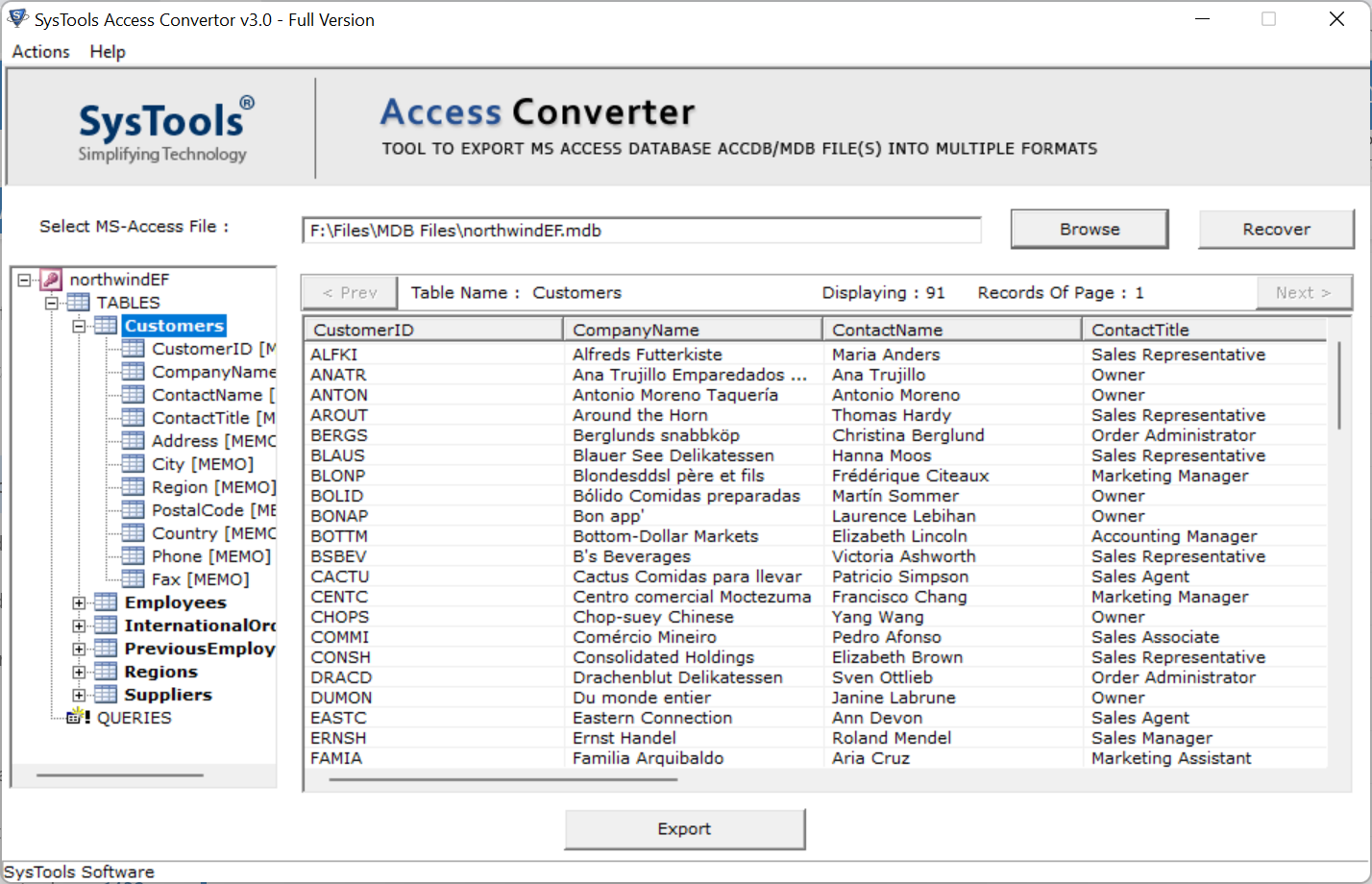 preview MDB files in software panel before converting MDB to ACCDB
