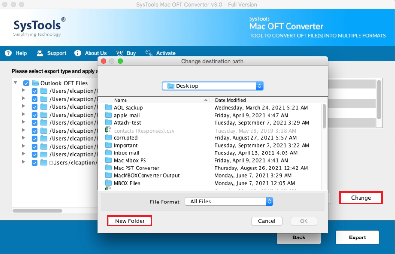 click change to set destination path