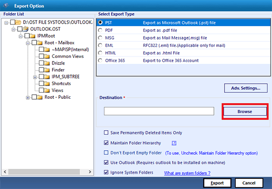 navigate to preferred destination folder