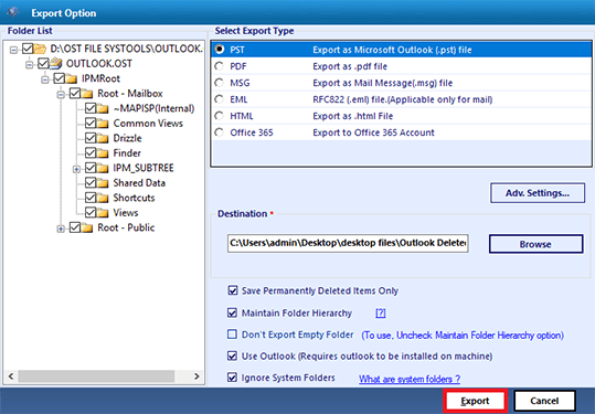 start the process to get back deleted folders in Outlook