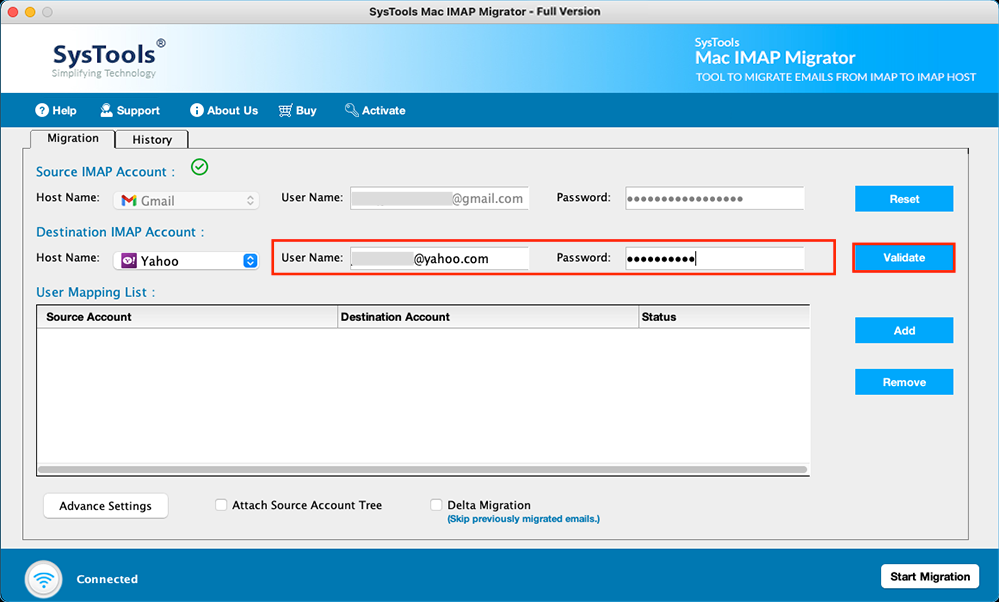 click validate to confirm details