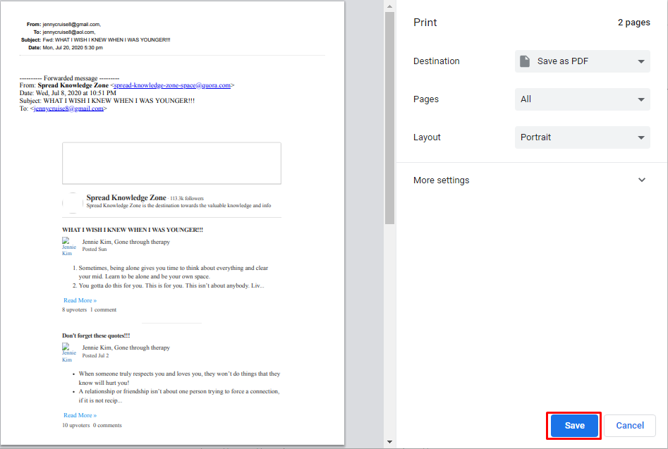 Settings to Convert AOL Email to PDF