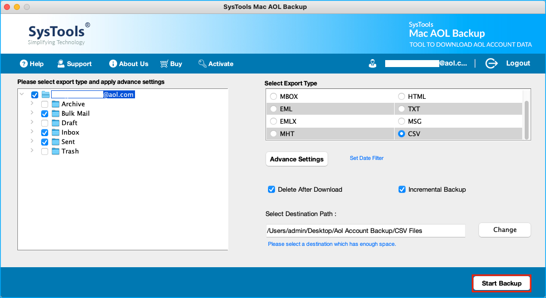 click on start backup to export aol emails to csv