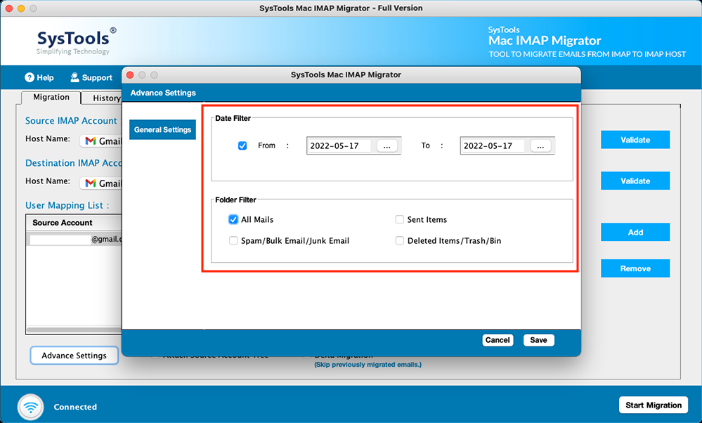 click advance settings and use date and folder filters