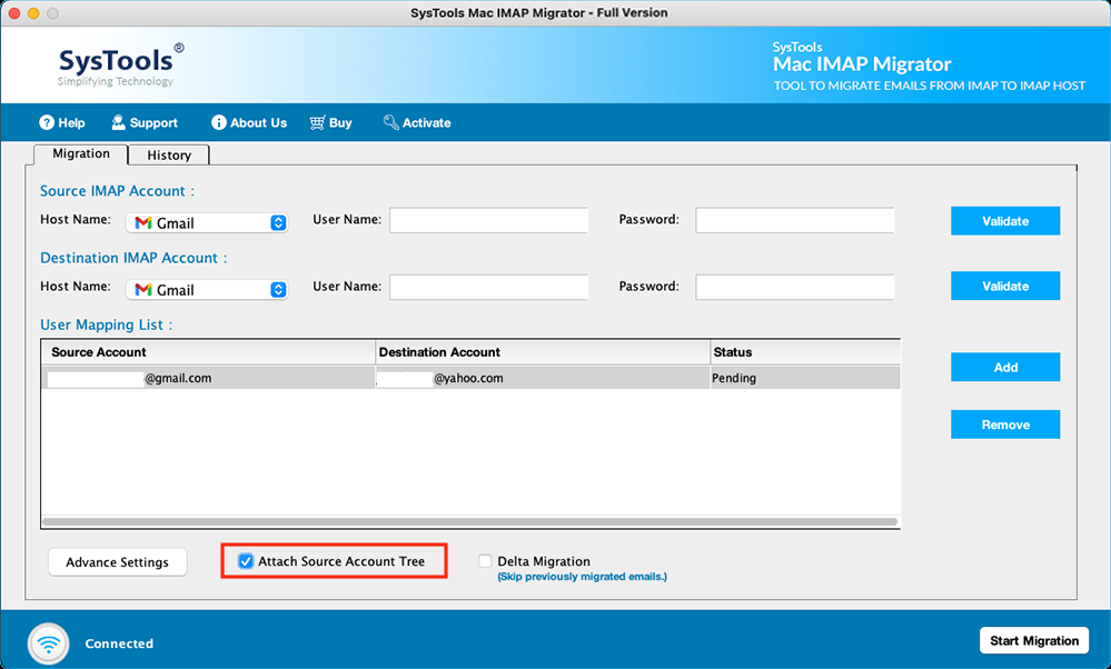 select attach source account tree for intact mailbox