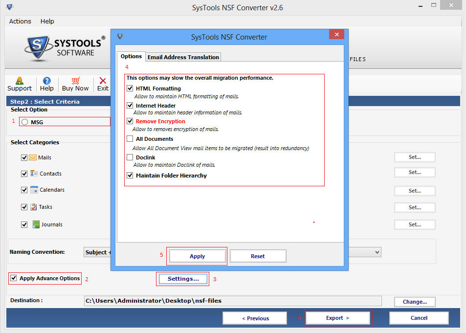 3 options d'exportation différentes