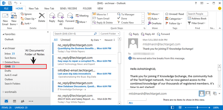 view all documents in MS Outlook