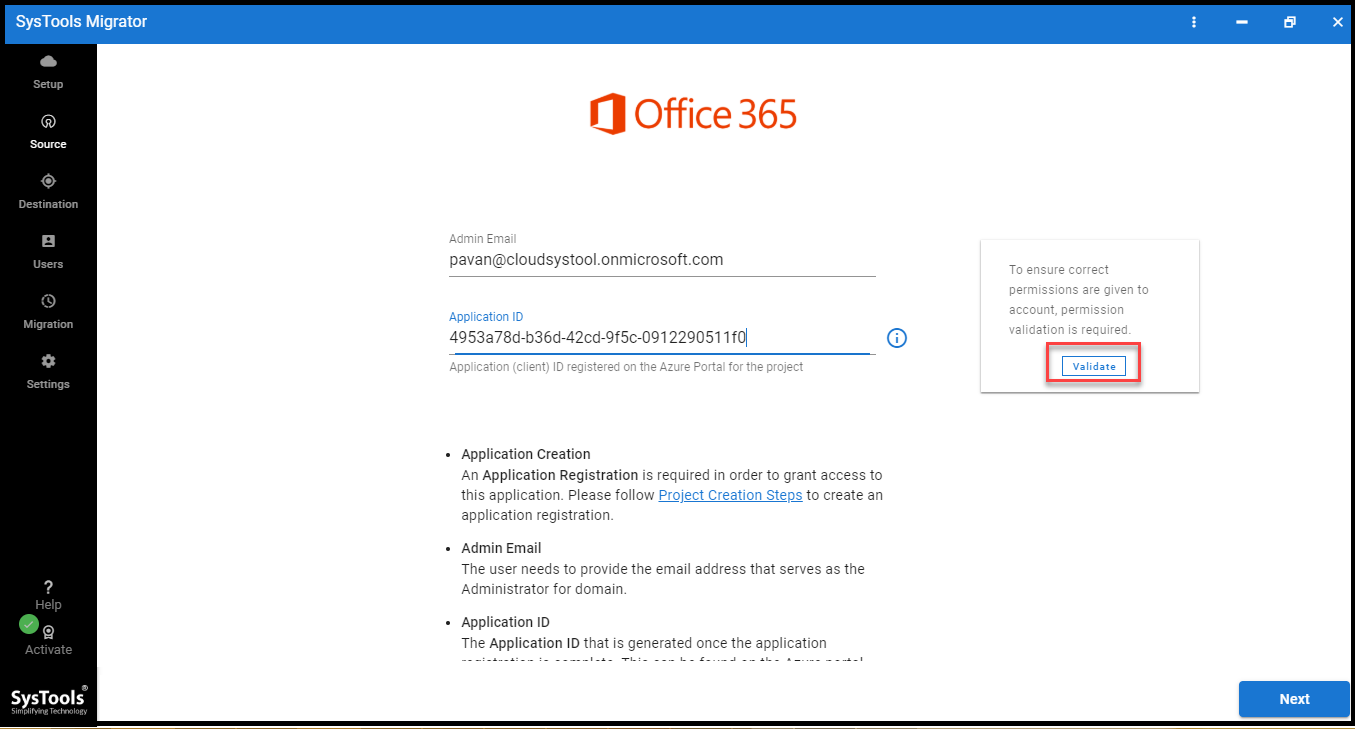 add admin credentials for source & destination account