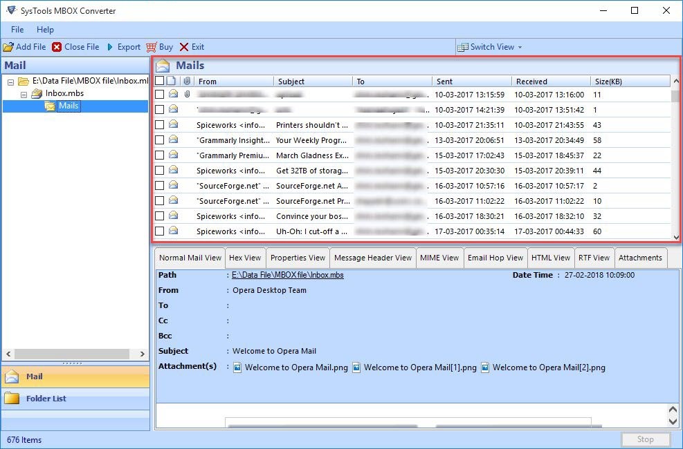 Detailed Preview of Eudora Database within the software interface