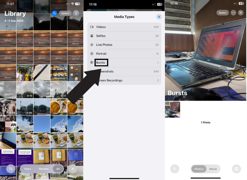 open photos app and then, click on bursts 