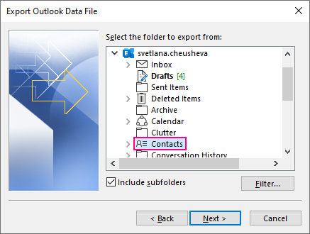 Outlook kontakte in PST datei exportieren