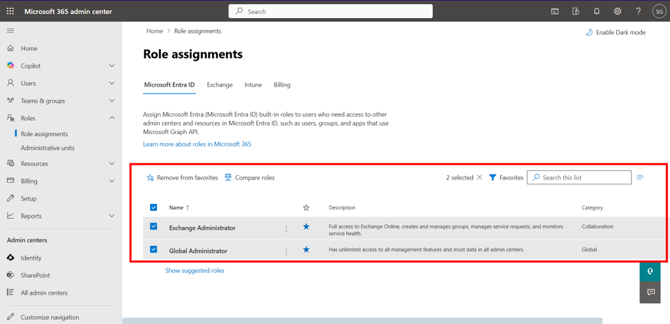 Office 365 admin interface for assigning roles to create a shared mailbox