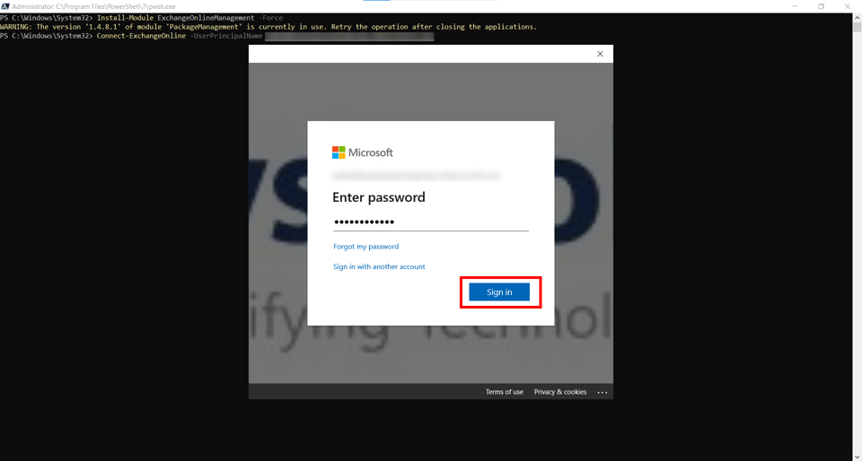 PowerShell command to connect to Exchange Online for shared mailbox creation.