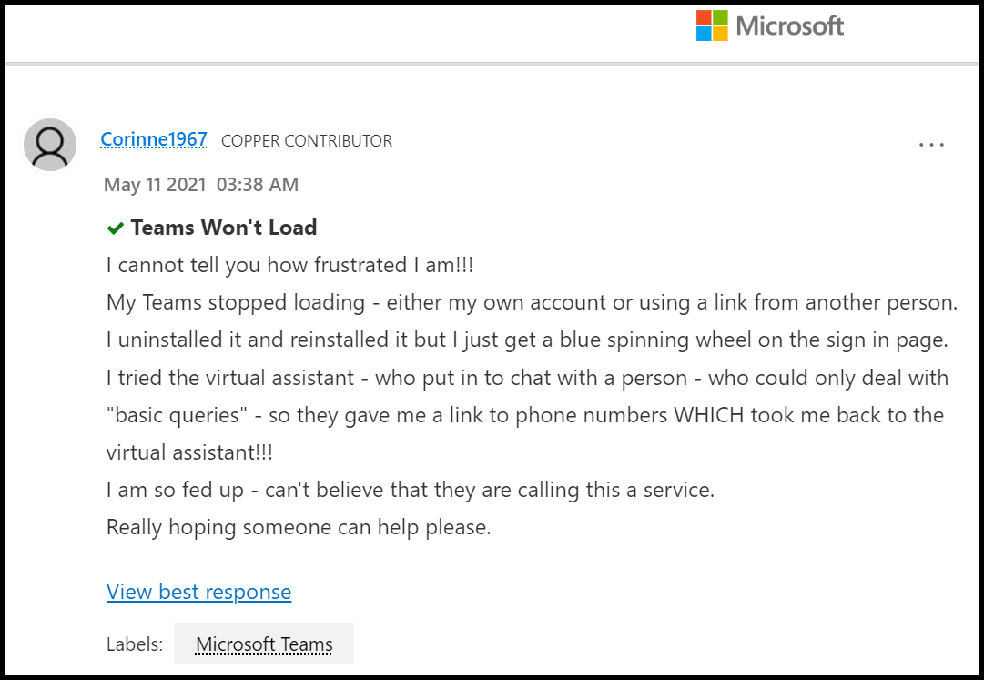 user query on why isn't Teams loading