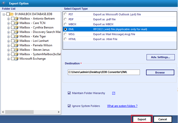 exchange edb mailboxes to eml