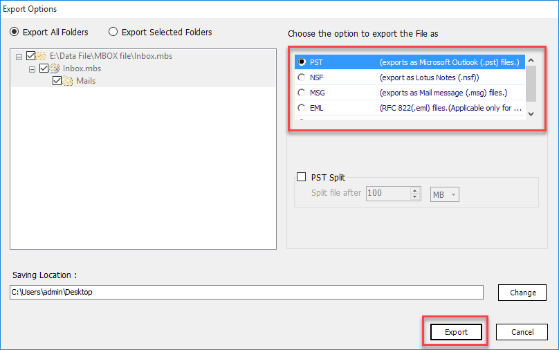 Choose Export Button to convert Eudora Emails to PST With Attachments