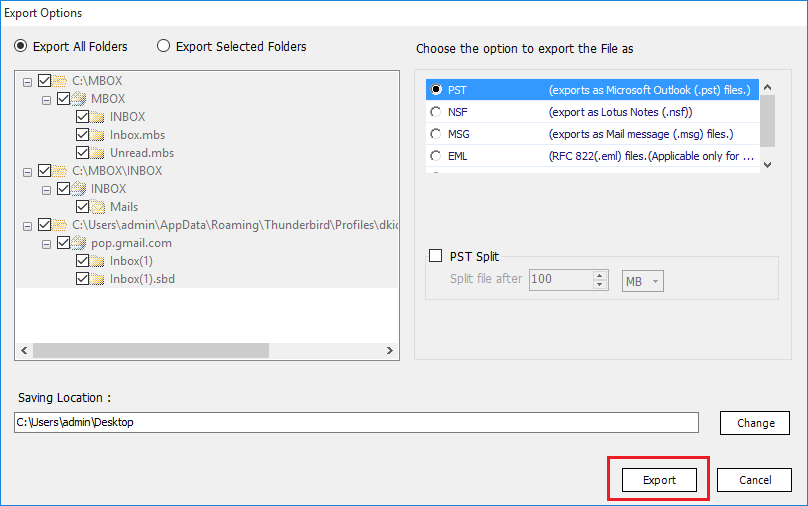 Click on Export option