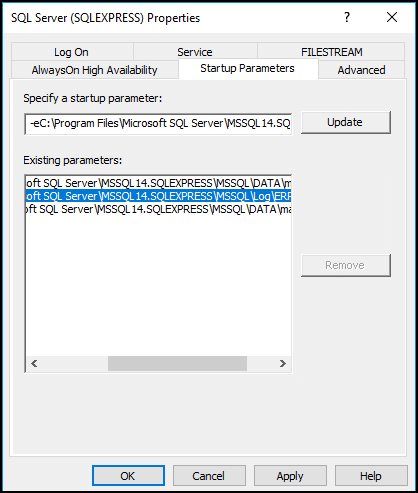 set parameters of SQL server error log