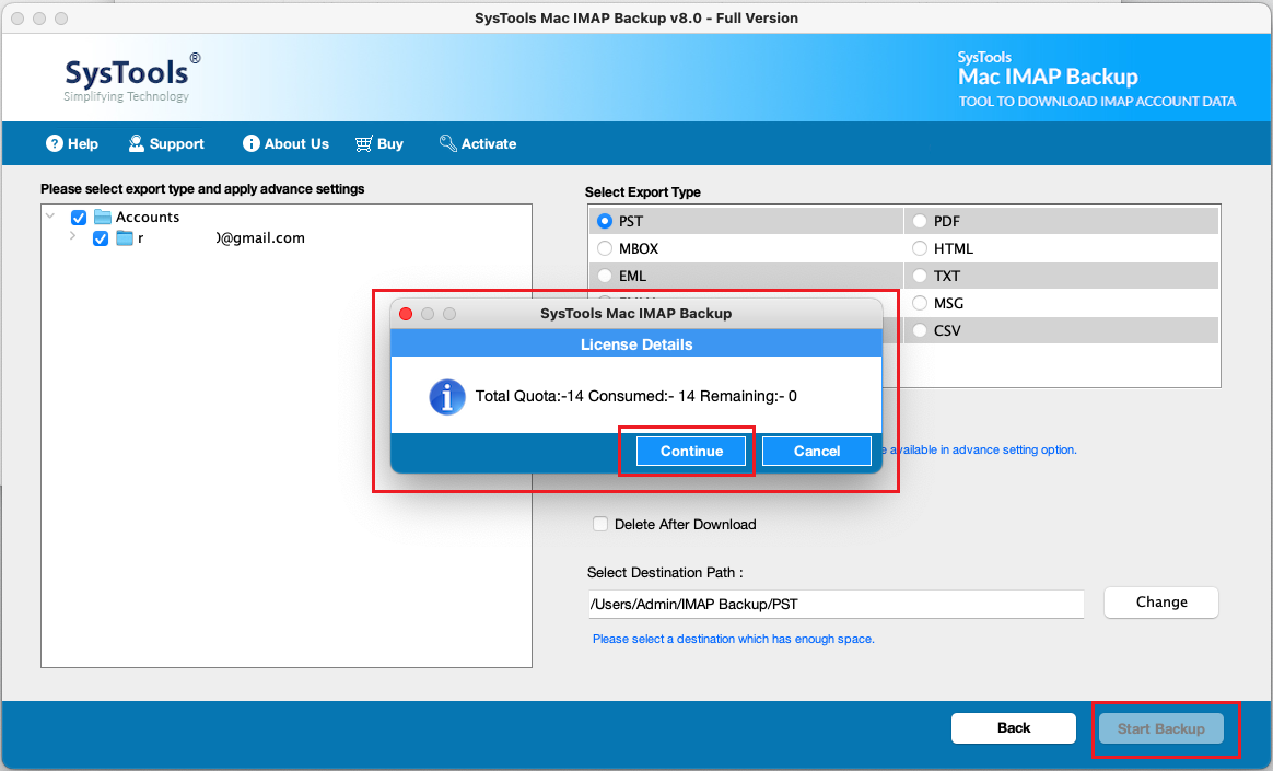 Start IMAP Server Backup