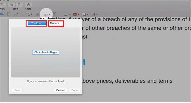 choose trackpad or camera to digitally sign a pdf