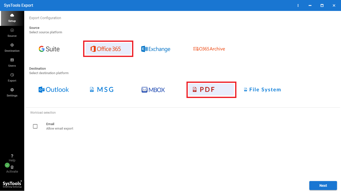select source & export option 