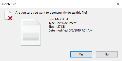dialog box with OK button to permanently delete files