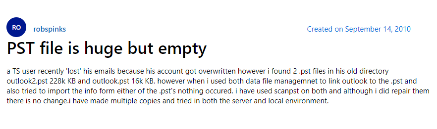 large pst but no emails user query