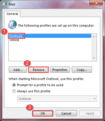 select Outlook profile and click remove