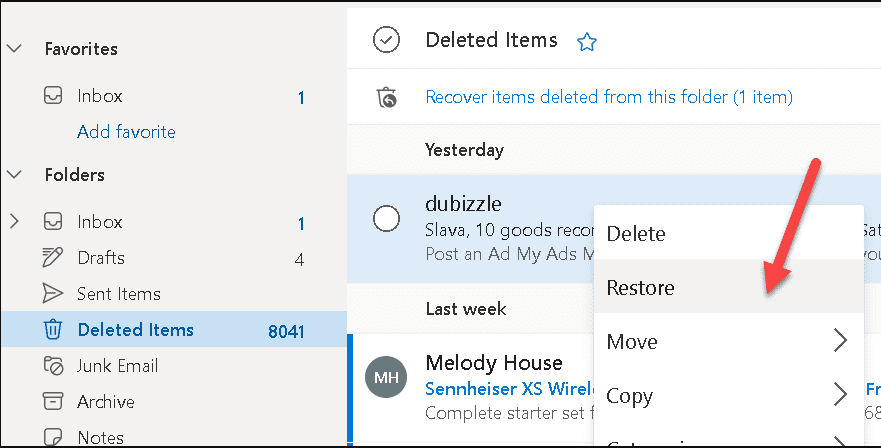 recovery on outlook web