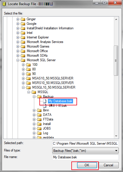 Restore .bak file