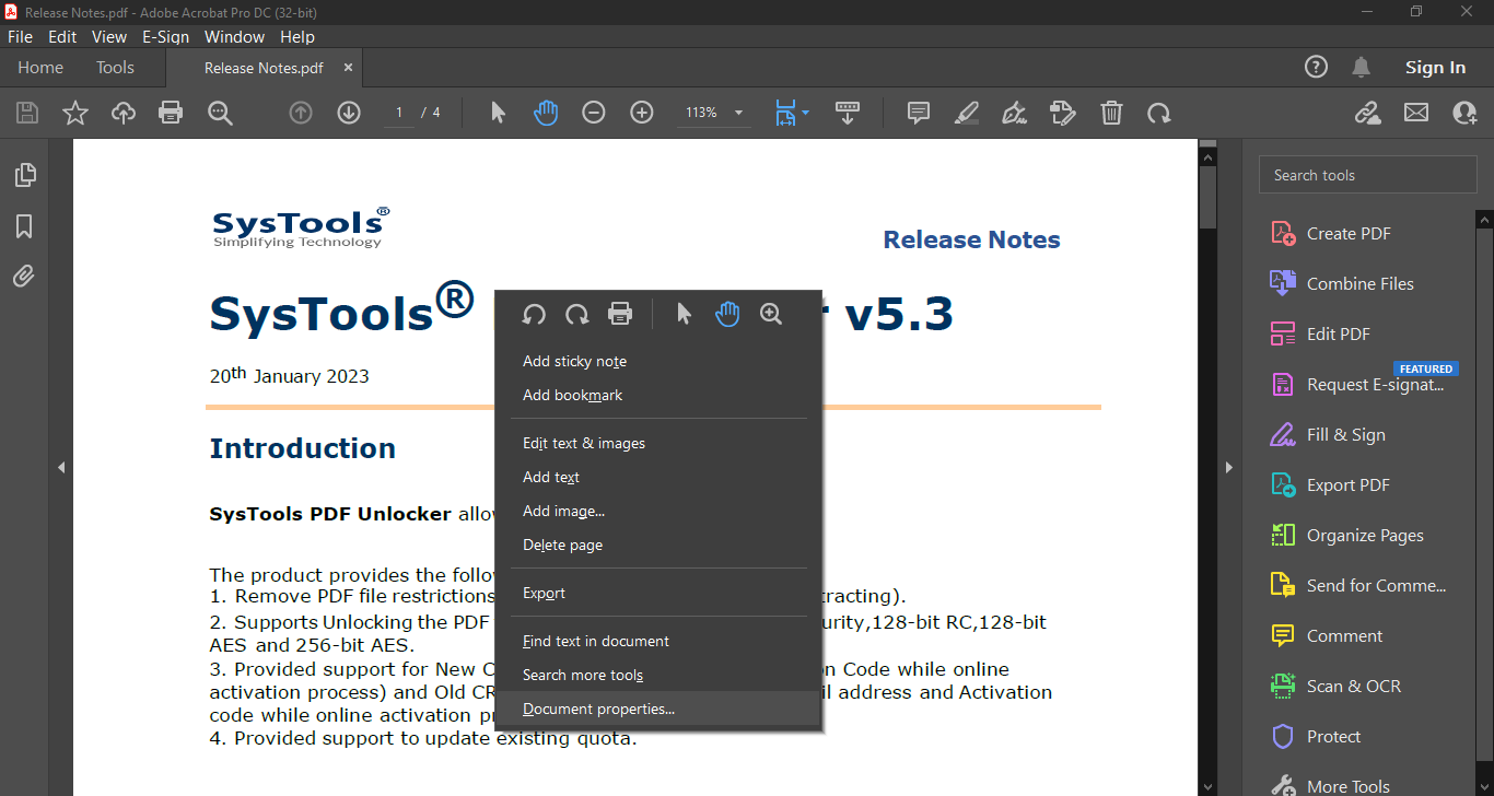 click on document properties