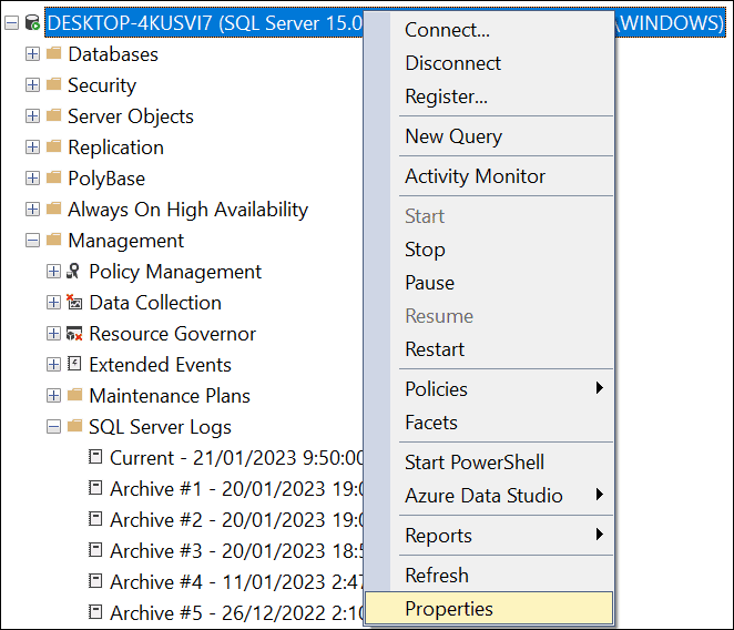 go to properties in ssms