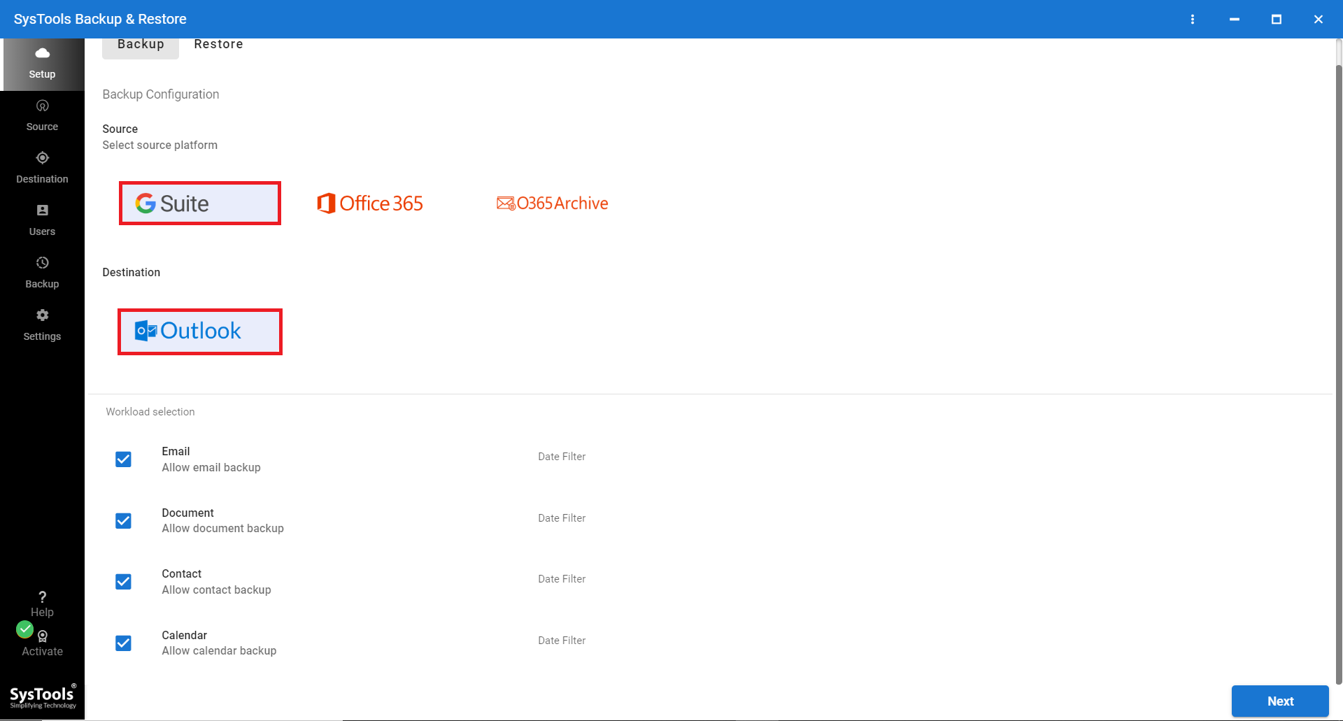 select g suite and outlook options
