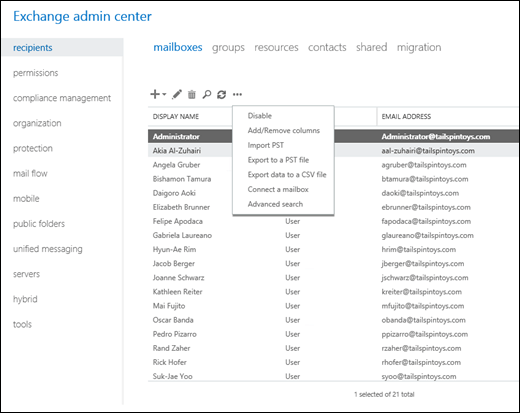 select mailboxes from EAC