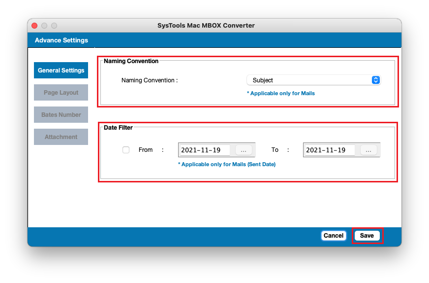set filters and naming options