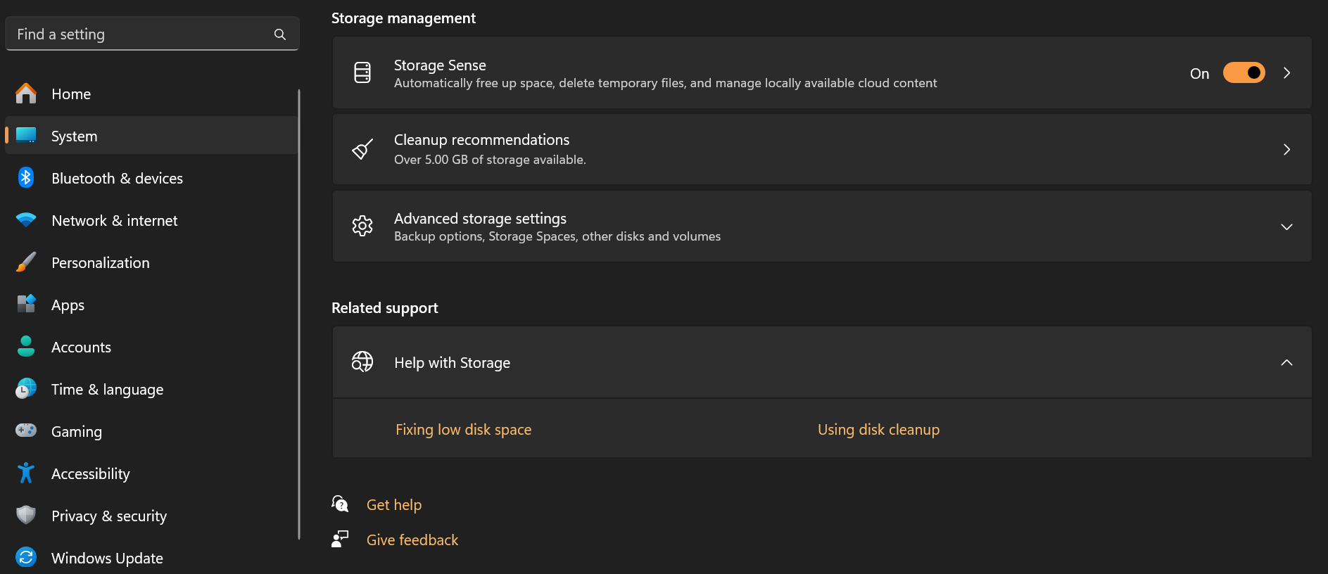 turn on storage sense