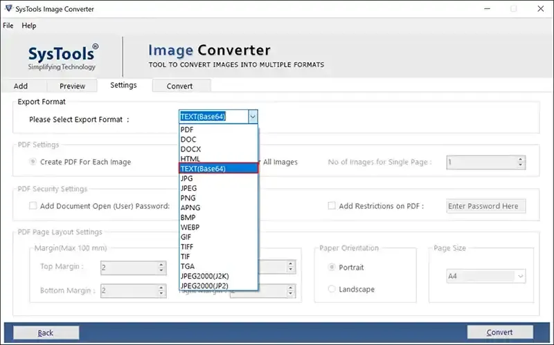 Choose Text(BASE64) format for JPG to TXT