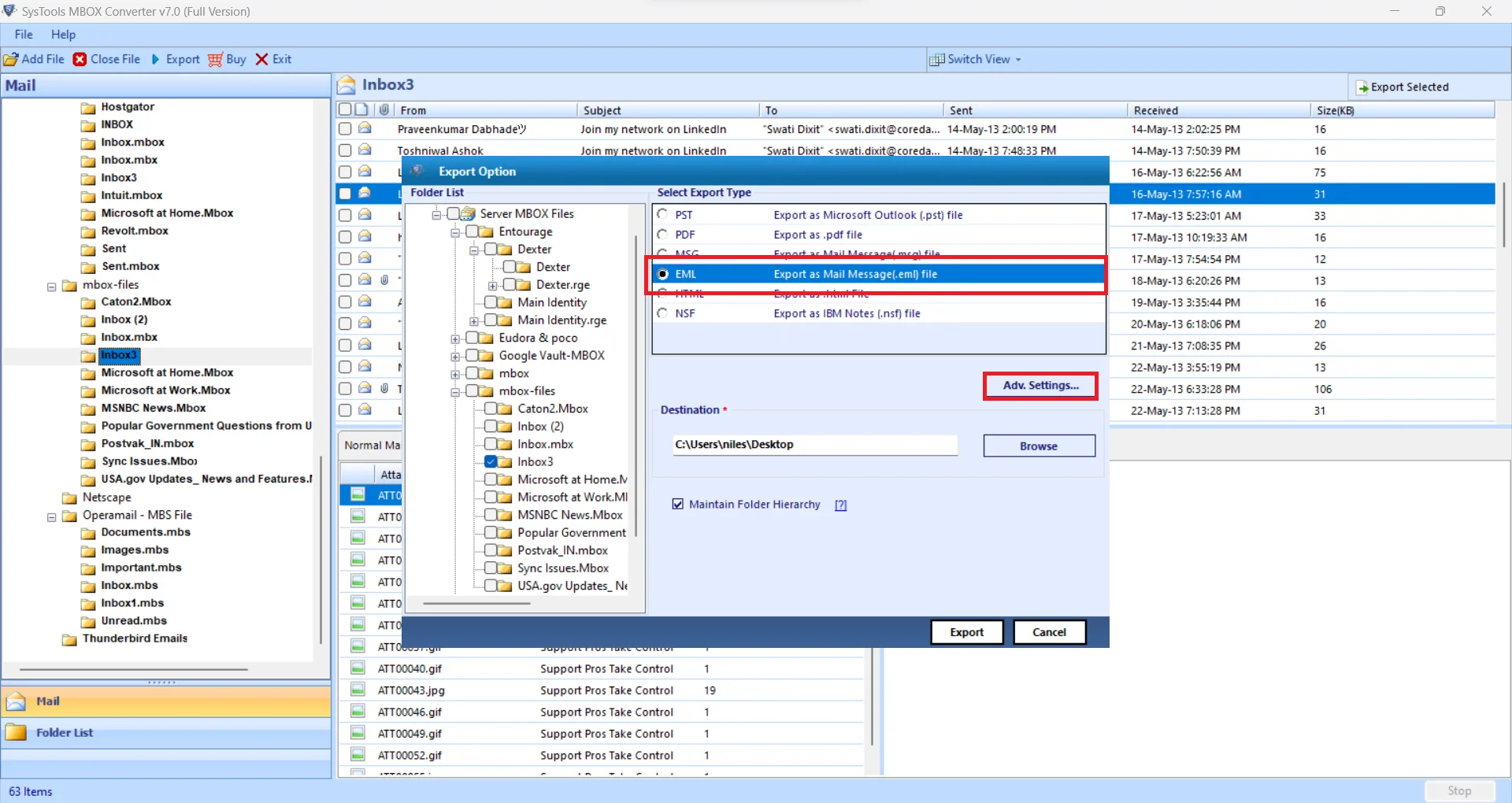 select eml file format as export type